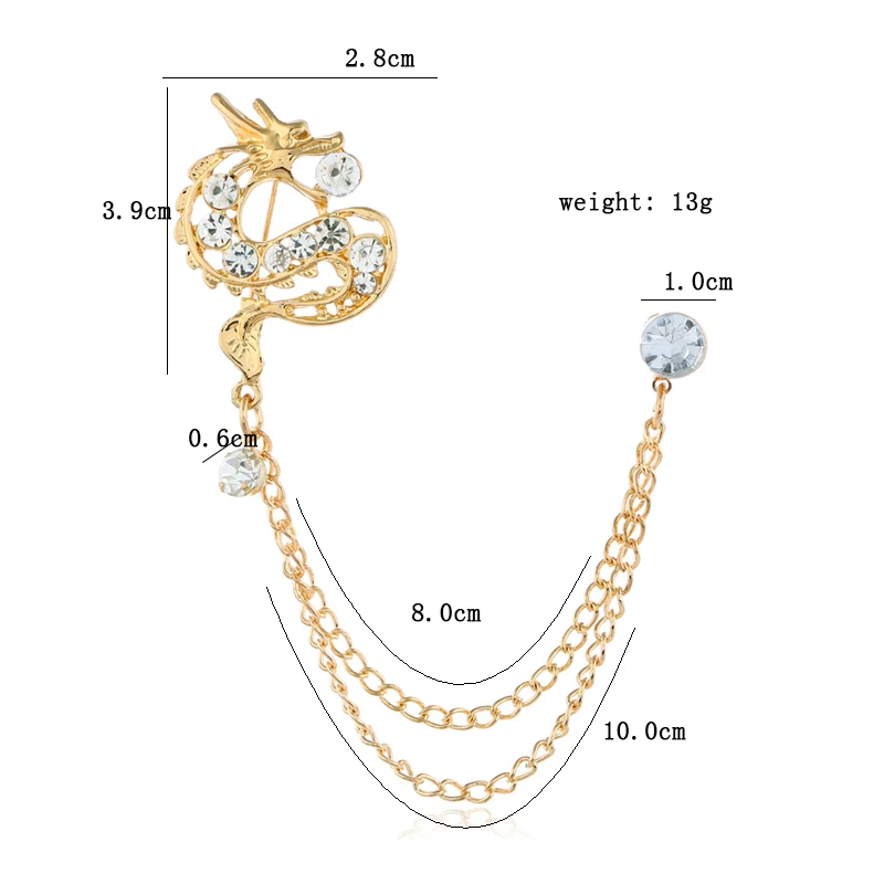 Ретро Китайский дракон, брошь с цепочкой, Мужское пальто, индивидуальная крутая булавка для воротника, аксессуары, Хрустальный дракон, хорошее ювелирное изделие, подарки на праздник
