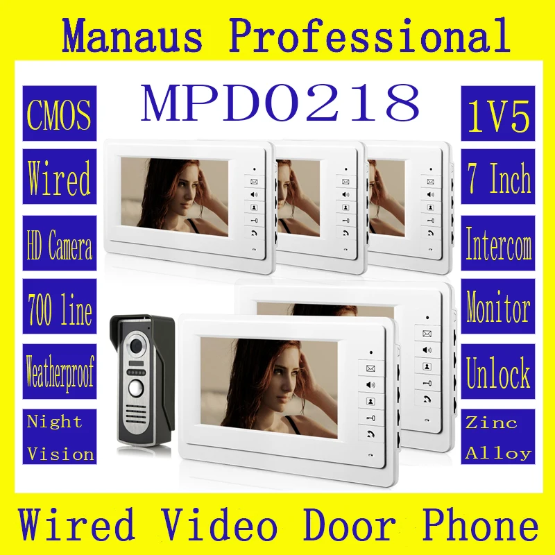 Hot Selling Wired Magnetic Lock One to Five Video Doorphone Device,New 7 inch Screen Keypad Display Video Intercom System D218b