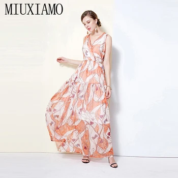 

MIUXIMAO 2019 Spring&Summer Maxi Dress Fashion Flower Print Elegant V-neck Floor-Length Lace Long Dress Women vestidos