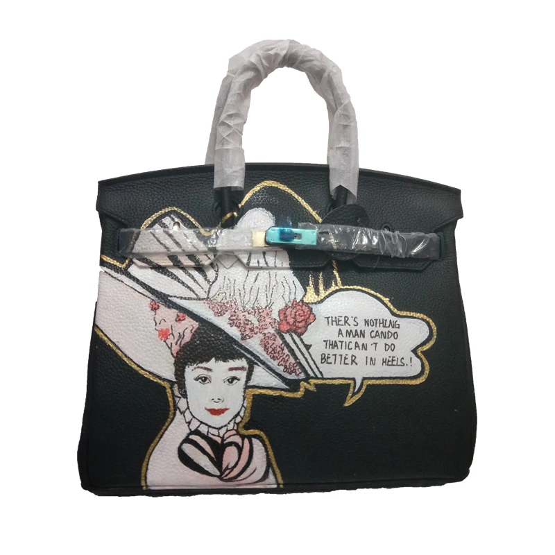 

Women's Handbags Hand Painting DIY Cartoon Elegant Lady Genuine Leather Litchi Pattern Tote bags Gold Hardware Christmas Gifts