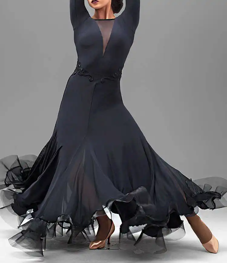 

Modern dance V mesh collar waist applique flare hem fishbone long sleeve modern dress W15056