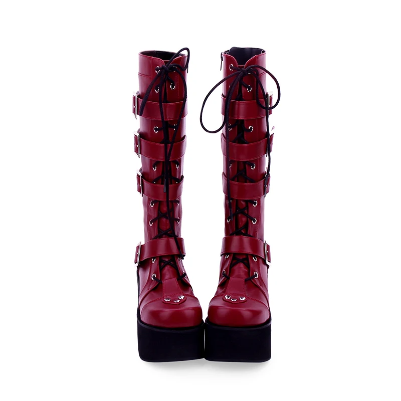 forme À Bottes 35 Mentions Bretelles 46 Cosplay Talon Femmes Gothique Taille Vin 9708 Wedge Punk Boucle Plate Lacets Angélique Rouge Haute Légales A4qwqBX