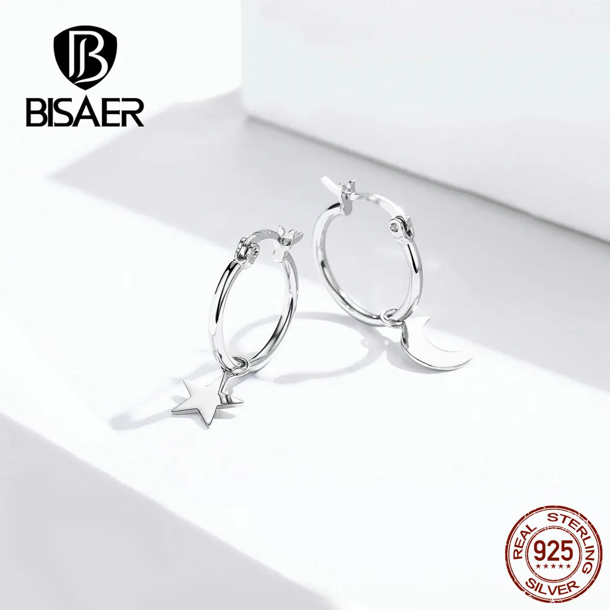 BISAER, серьги-кольца, 925 пробы, серебро, ассиметричное, неправильной формы, серьги в виде Луны и звезды, ювелирные изделия для женщин, дизайн HSE681