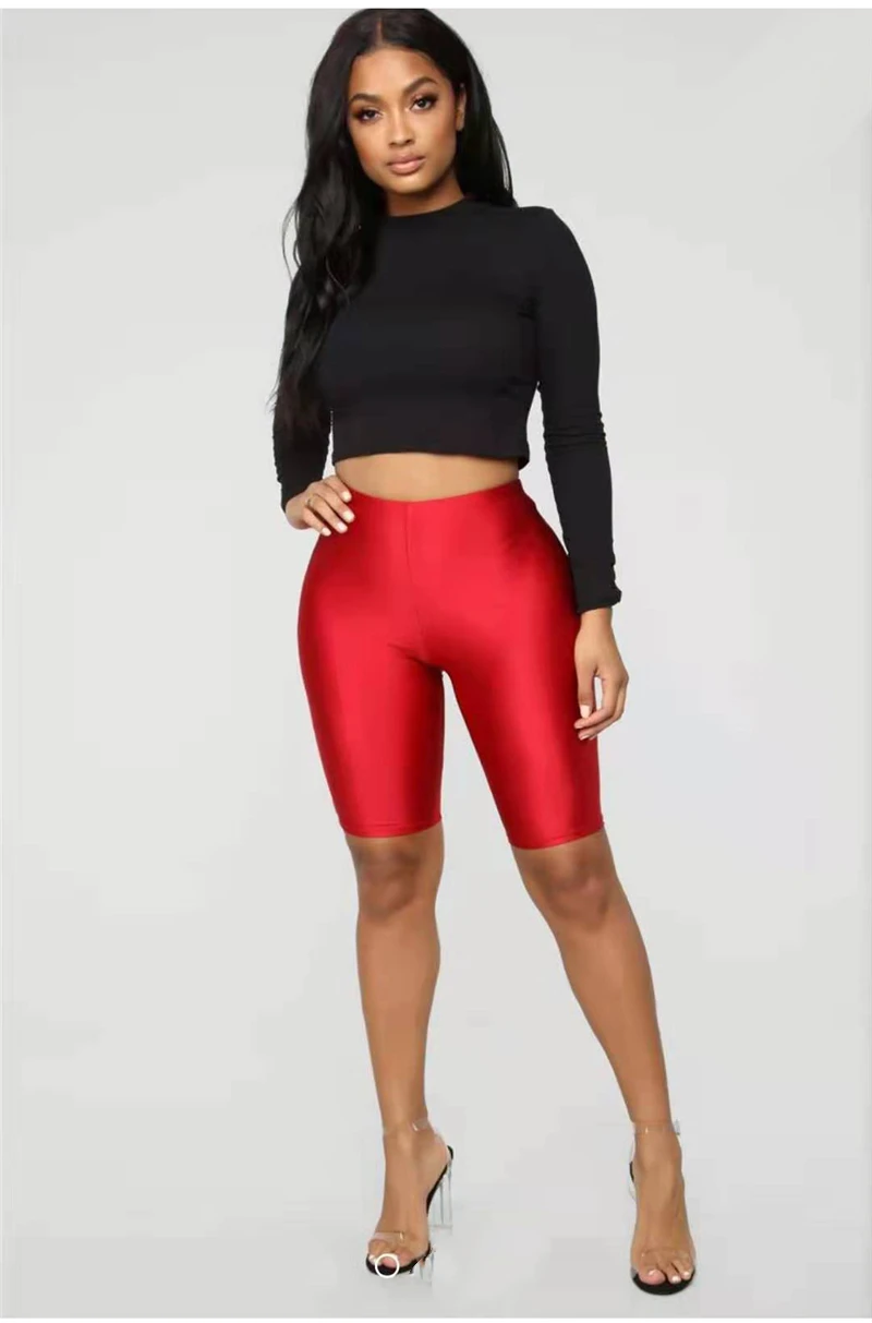 NewAsia Shiny Sexy High Waist Shorts Women Biker Shorts Summer Classic Casual Active Wear Gloss Slim Fit Shorts Women Fitness