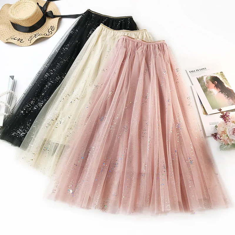 

Colorful Sequins Romantic Sweet Mesh Skirt Super Fairy Temperament Skirt 2019 Spring New Long Skirt Female Natural