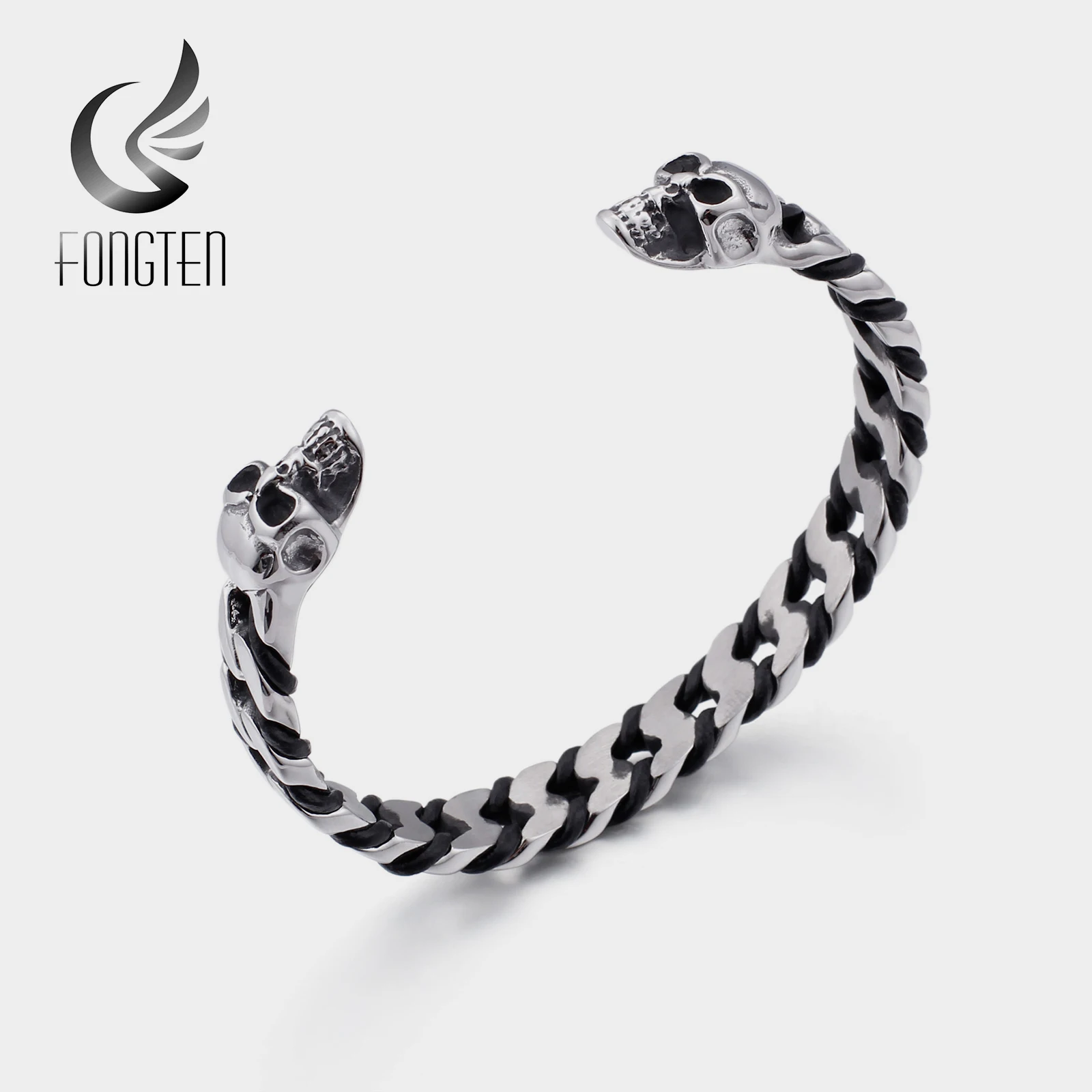 

Fongten Vintage Metal Skull Viking Stainless Steel Wide Bracelet Leather Men Bangle Fashion Jewelry