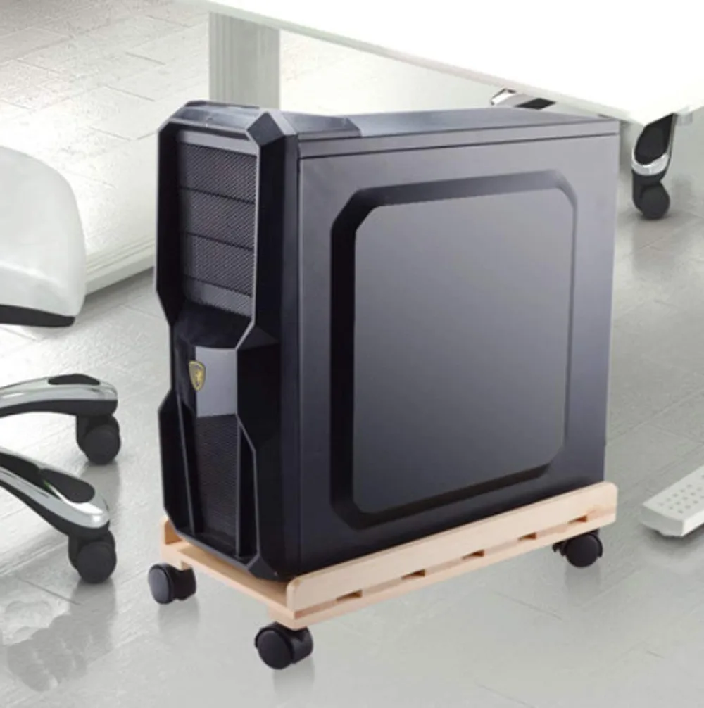XRHYY Solid Wood Desktop PC Case Computer Adjustable CPU Stand Tower/Chassis Tray with 4 Caster Rolling Wheels