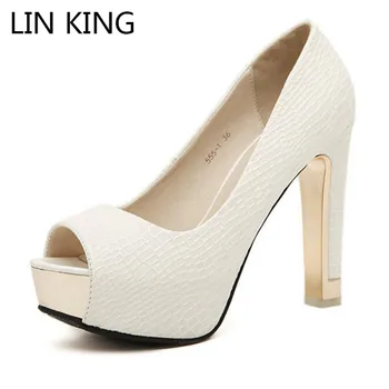 

LIN KING New Black White Women Pumps Sexy Open Toe High Heel Shoes Summer Platform Shoes Pu Leather Ladies Office Career Shoes
