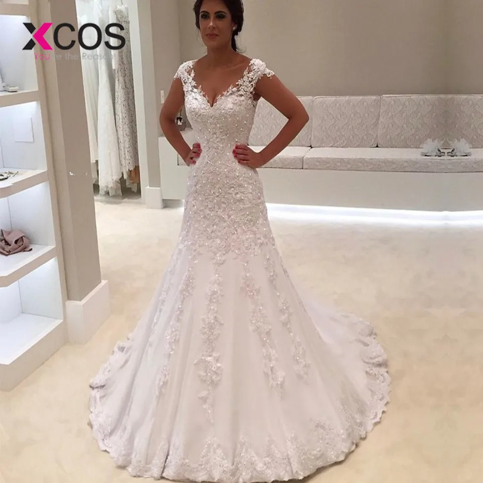 XCOS Robe de mariage пикантные с v-образным вырезом с короткими рукавами и кружевами Русалка свадебное платье 2018 недорогой Свадебный уникальные