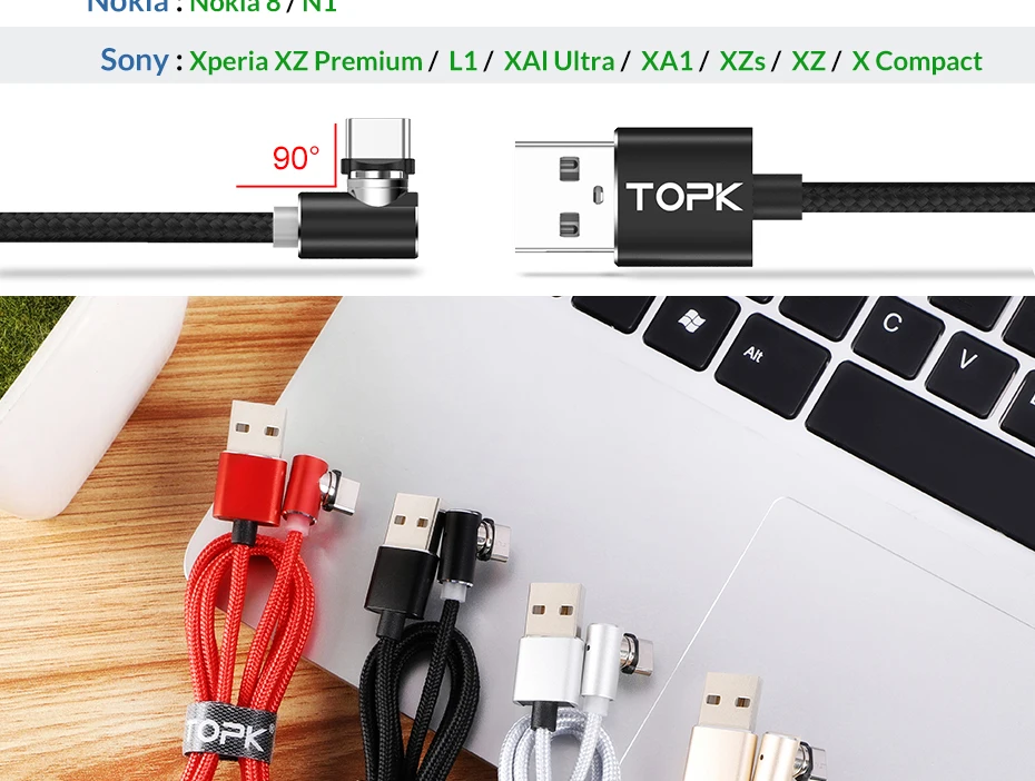 Магнитный usb-кабель TOPK l-типа для iPhone x xs Type C Micro USB для Xiaomi Samsung Galaxy S9 S8 Plus Huawei Usb C зарядный кабель