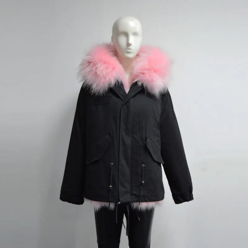 Модная зимняя женская меховая куртка светло-розовая куртка из натурального Лисьего меха короткая парка с большим капюшоном из енота - Цвет: Серый