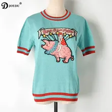JOYDU дизайнерские трикотажная футболка harajuku мультфильм свинья люрекс футболки для женщин с круглым вырезом короткий рукав вышивка летняя футболка
