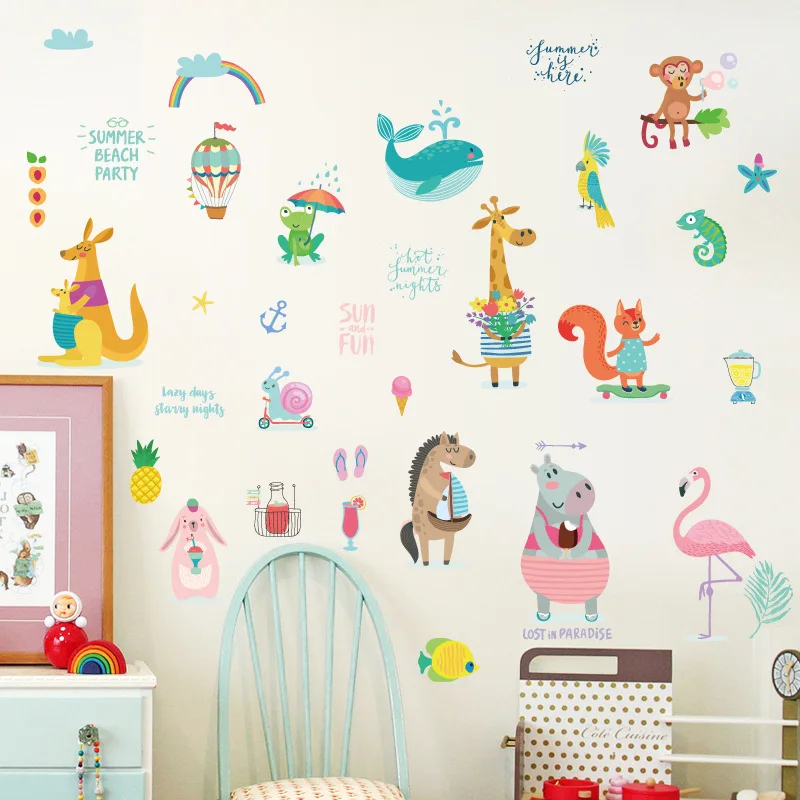 

Cartoon Summer Beach Paty Animals Balloon Monkey Wall Stickers DIY Children Mural Decals For Kids Rooms Wardrobe Door Decoration