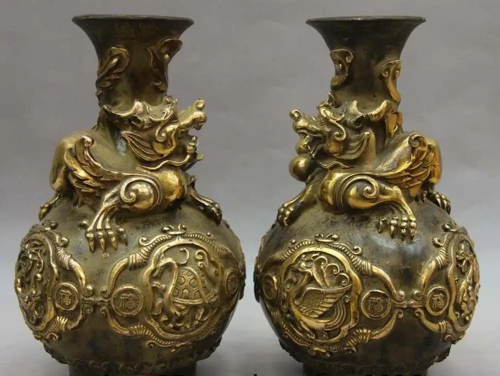 

China Folk Bronze Copper Brave troops Phoenix Dragon turtle Pot Bottle Vase Pair