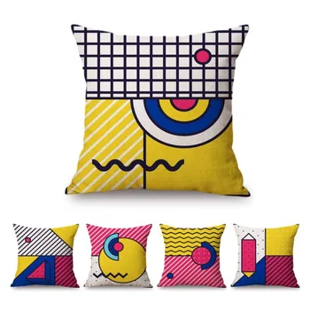 

Colorful Abstract Geometric Arch Line Memphis Design pattern Home Decorative Pillow Case Cotton Linen Yellow Blue Cushion Covers