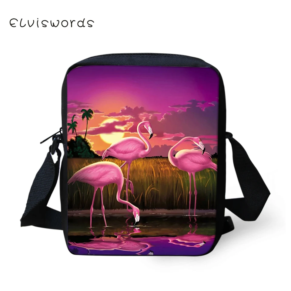 

ELVISWORDS Women's Messenger Bags Flamingos Painting Pattern Woman Cross Body Bags Flower Animal Flaps Fashion Girls Mini Purse