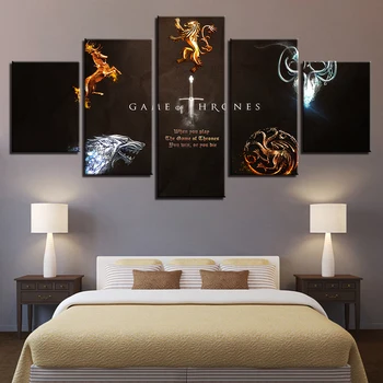 

Modern Printed Abstract Pictures Decor Living Room 5 Pieces Game Of Thrones Painting Frame Modular Canvas Dragon Poster Wall Art