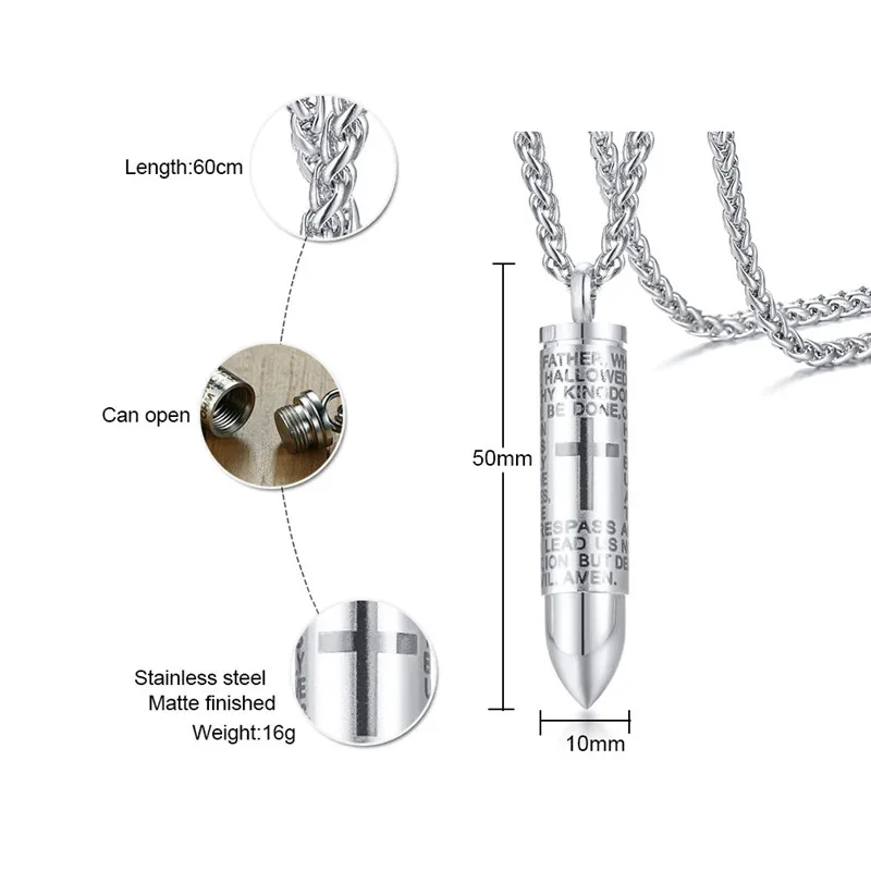 ZORCVENS, мужское ожерелье в форме пули, s& Подвески, можно открыть, панк, нержавеющая сталь, ожерелье с крестом для Мужчин, Ювелирные изделия для молитвы