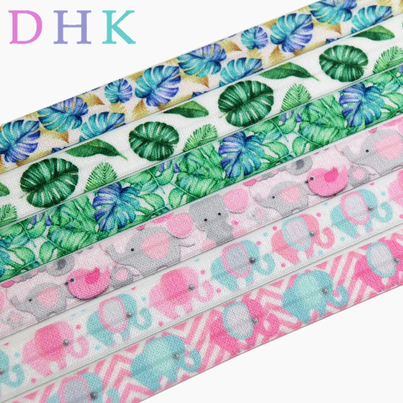 

DHK 5/8'' 5yards elephant tropical leaf printed Fold Elastic FOE stretch ribbon hairbow headwear headband DIY Wholesale C1592