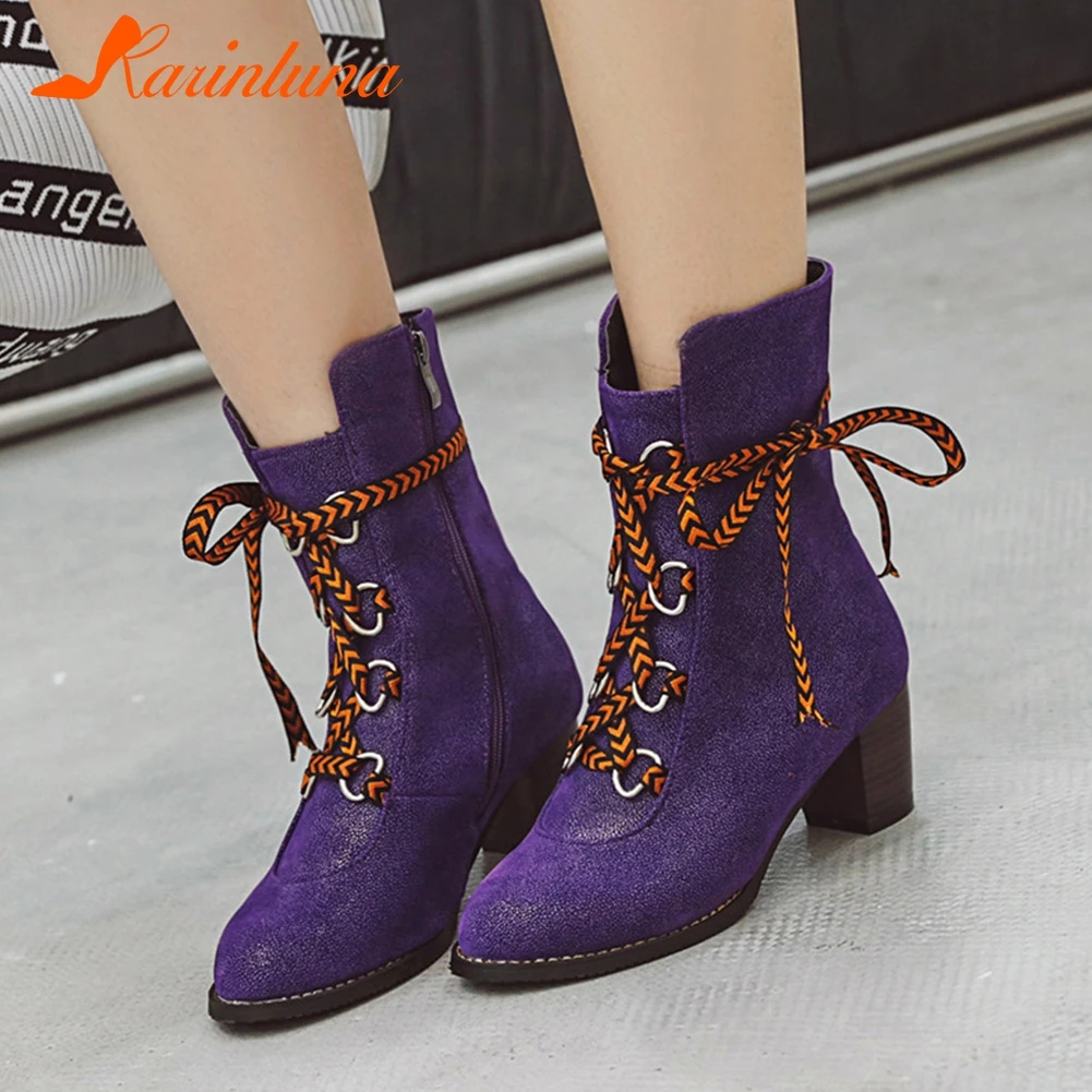 

KARINLUNA Denim Ankle Boots Woman Fashion Denim Retro Trunky Heels Shoes Round Toe Lace Up Ankle Boots Woman Plus Size 34-48