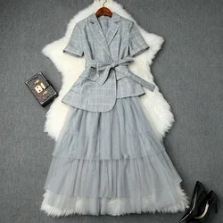 Skirt Suit Ladies 2019 Spring Summer New Short Sleeved Plaid Irregular Small Blazer Jacket + Elastic Waist Mesh Cake Midi Skirt Skirt Suit Ladies 2019 Spring Summer New Short Sleeved Plaid Irregular Small Blazer Jacket + Elastic Waist Mesh Cake Midi Skirt