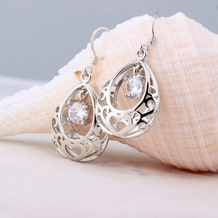 

AAA zircon hollow flower 2016 new style women wedding cheap Silver Color dangle earrings Vintage jewelry drop shipping