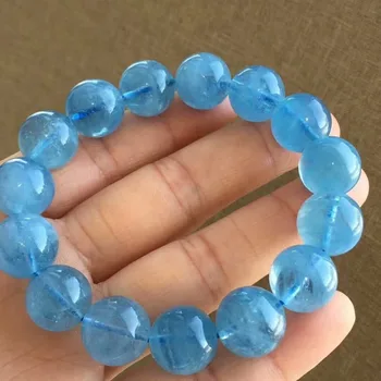

100% Natural Blue Aquamarine Round Clear Beads Bracelet AAAA 14mm