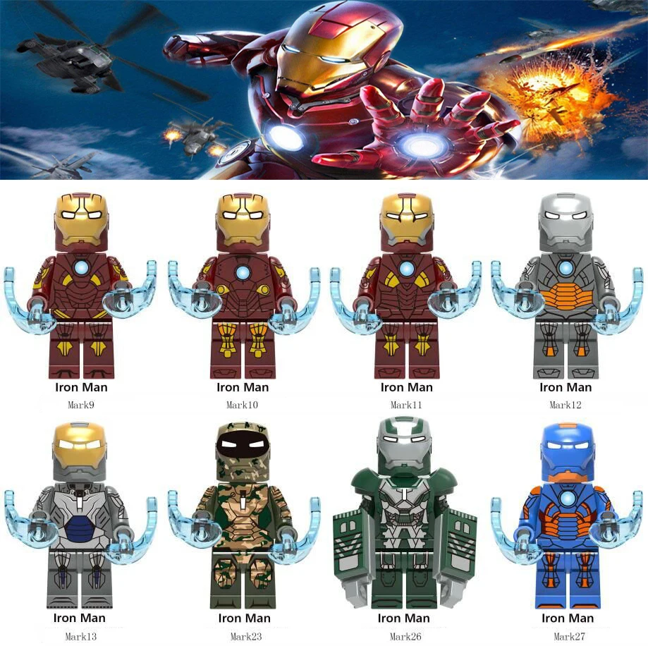 

Iron Man Armor Mark26 MarK27 MarK13 MarK9 MarK10 IRONMAN Weapon Pepper Marvel Avengers Endgame Building Blocks Toys For Children