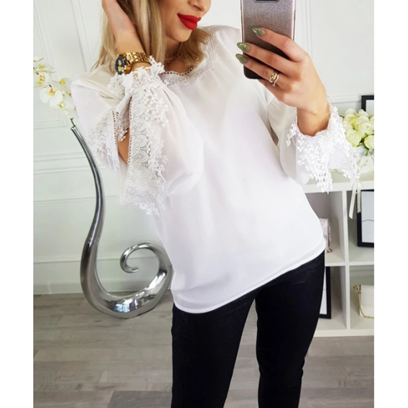 Spring Summer Women Lace Casual Loose Solid Chiffon Blouse Female Puff Long Sleeve Elegant European Style Shirt SJ2195E | Женская одежда