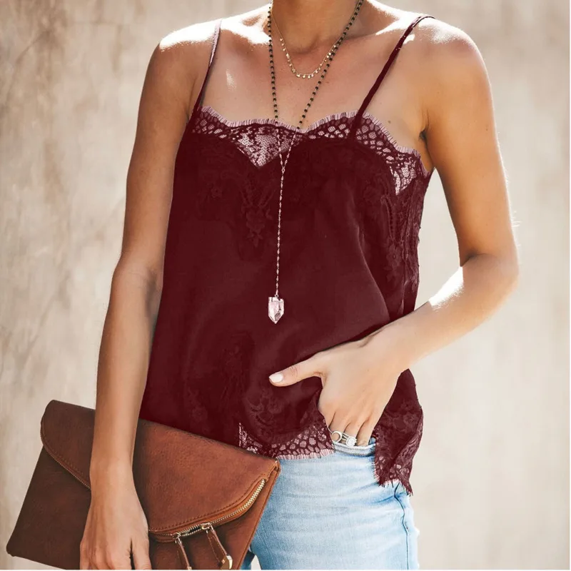 

Women's vest 2019 ladies sexy fashion strapless lace stitching sleeveless vest small strap women's shirt