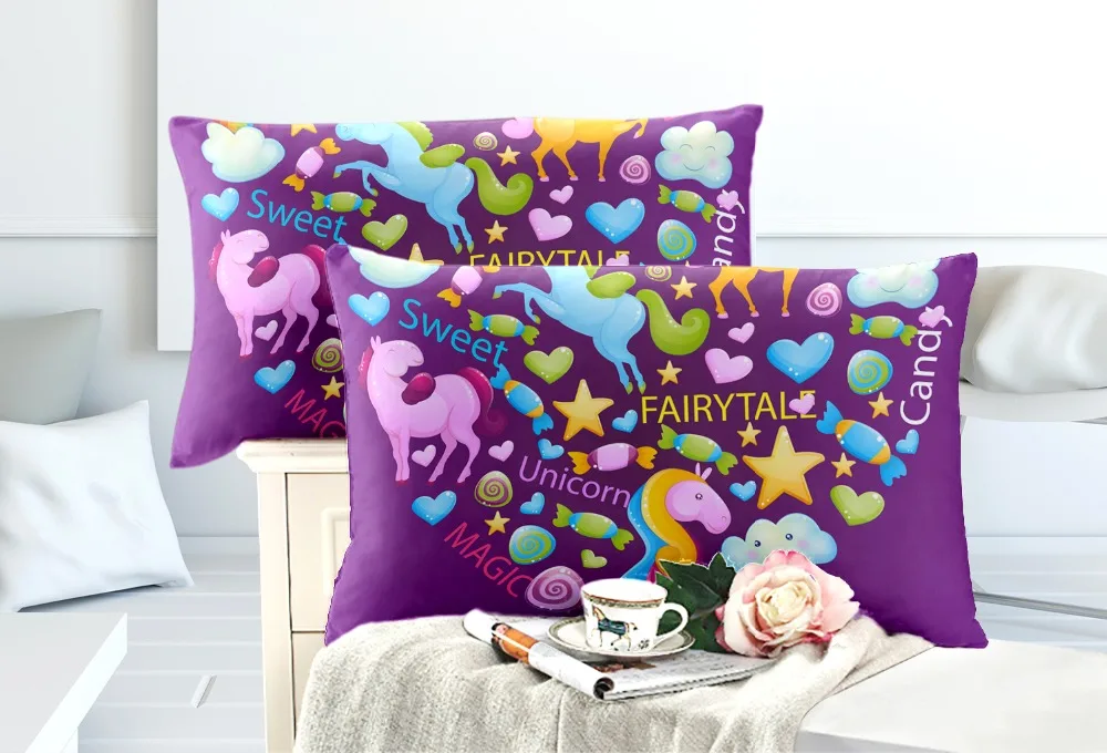 3D Радуга Фиолетовый единорог набор постельного белья Pillowcas мультфильм кровать