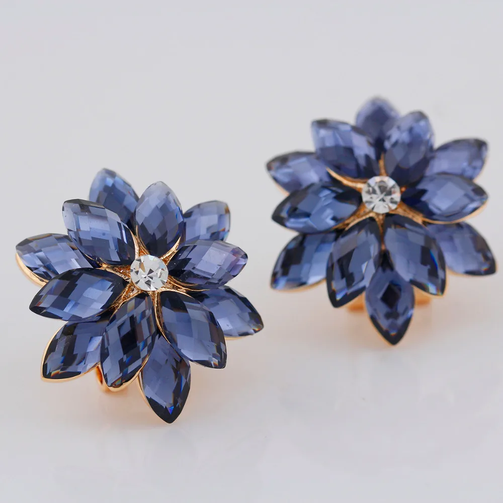 

Big Large Blooming Flower Cluster Marquire Gray Blue Crystals Stud Earrings For Women Yellow Gold Color Luxury Party Jewelry
