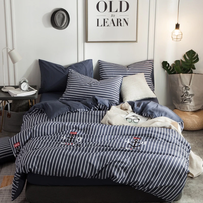 Dark Blue Stripes Bedding Set 100 Cotton Fabric Solid Blue Bed Linens