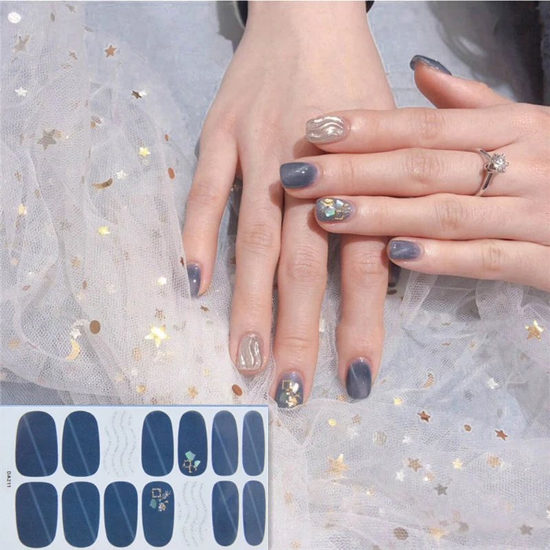 

14tips Full Cover Gradient Shiny Nail Stickers Adhesive Wraps Decorations DIY for Beauty Flowers Nail Art Polish Plain Stickers