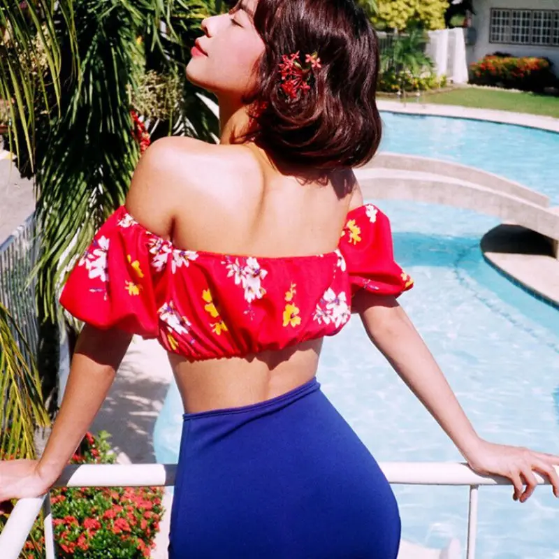 

2019 Sexy Ladies Retro Floral Off Shoulder Bikini High Waist Swimsuit Female Swimwear Women Biquini Swim Bathing Suit