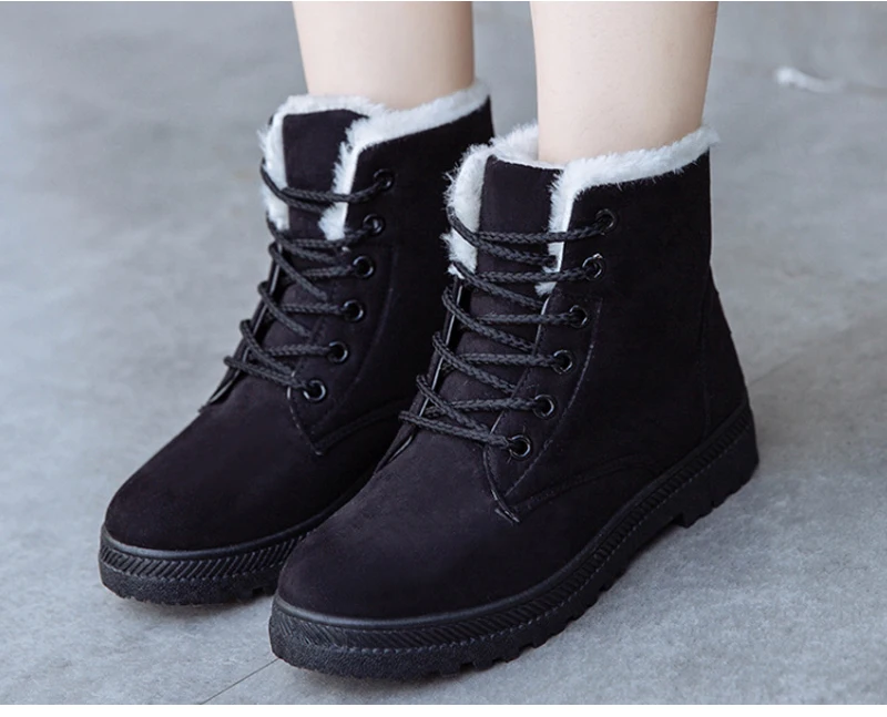 VTOTA Women Snow Boots Warm Winter Boots Botas Mujer Flat Lace Up Fur Ankle Boots Platform Ladies Winter Shoes Black H189