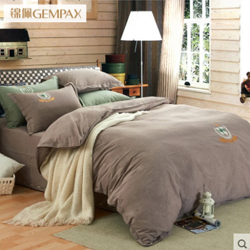 Jinpei Classic plain cotton sleeve yarn - dyed washed four piece set solid Embroidered bed textile | Дом и сад