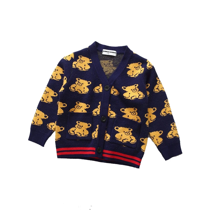 

2017 Brand Cotton Knitted Sweater Navy Bear Pattern Handmade Boys Girls Clothing Kids Knitwear Spring Autumn Coat
