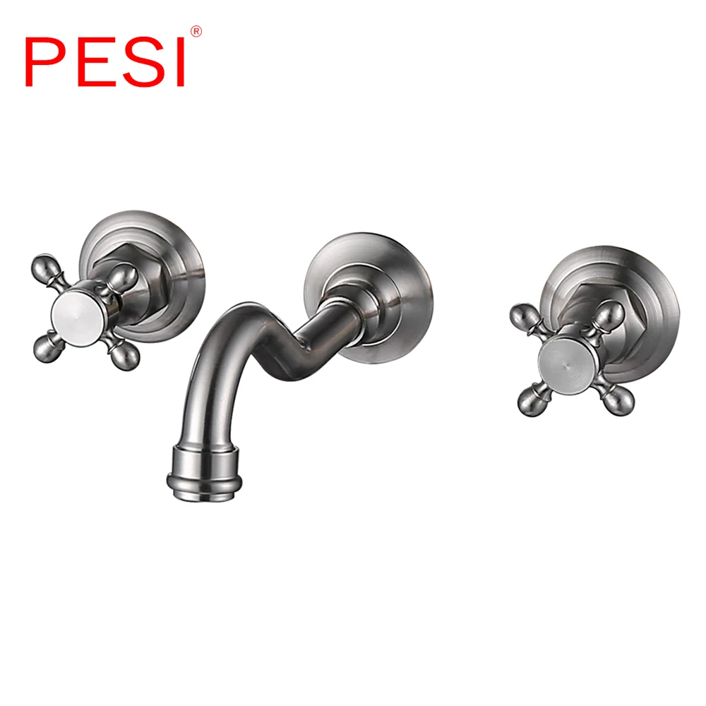 

Brass Wall Mounted Basin Faucet Double Handle Bathroom Mixer Tap Hot Cold Sink Faucet Rotation Spout,Brushed Nickel.