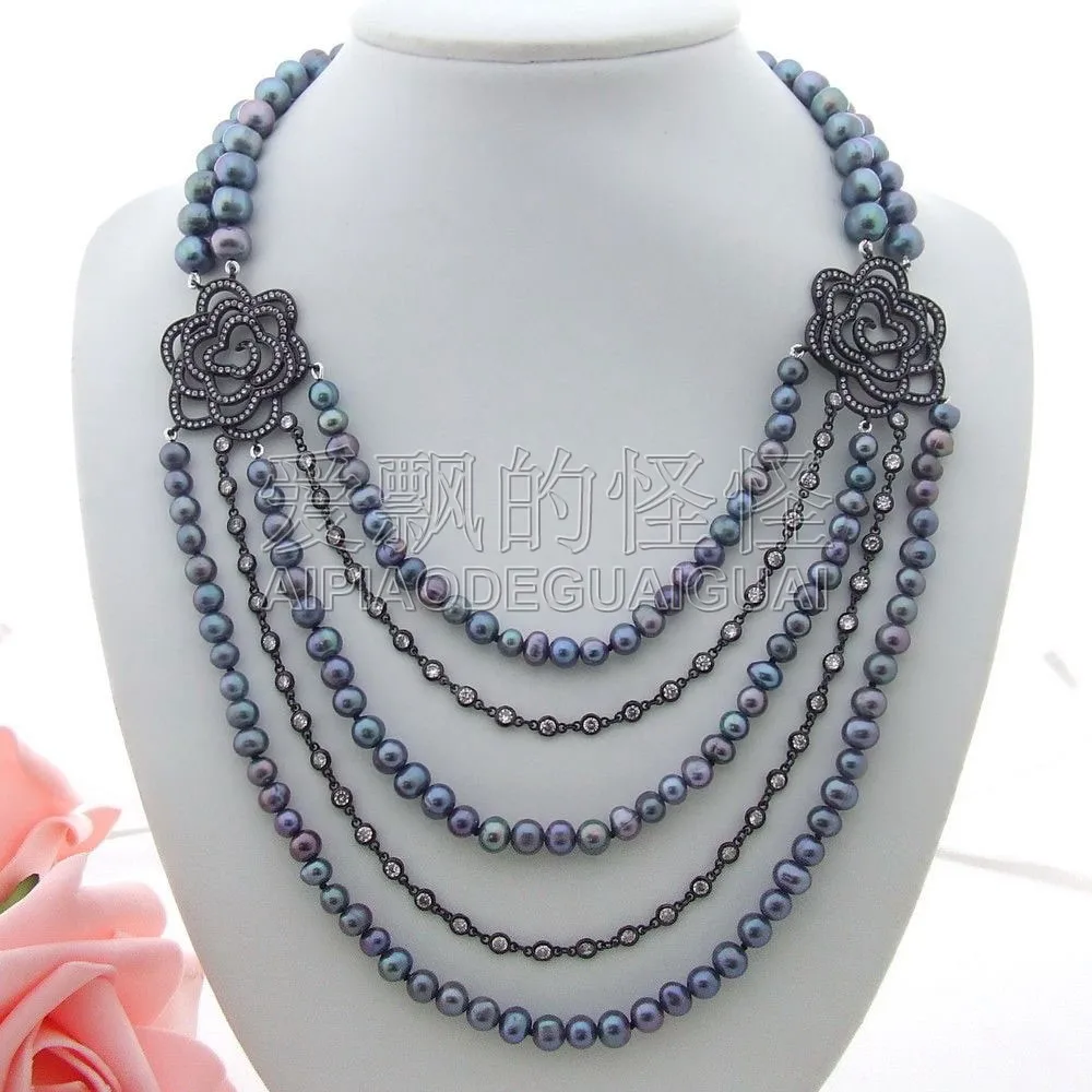 

Women's 18''-24" 5 Strands Black Pearl CZ Pendant Necklace