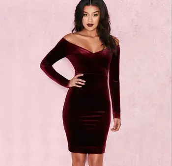 

autumn and winter slash neck full mini off-the-shoulder wine red celebrity sexy pub party bodycon bandage dresses women