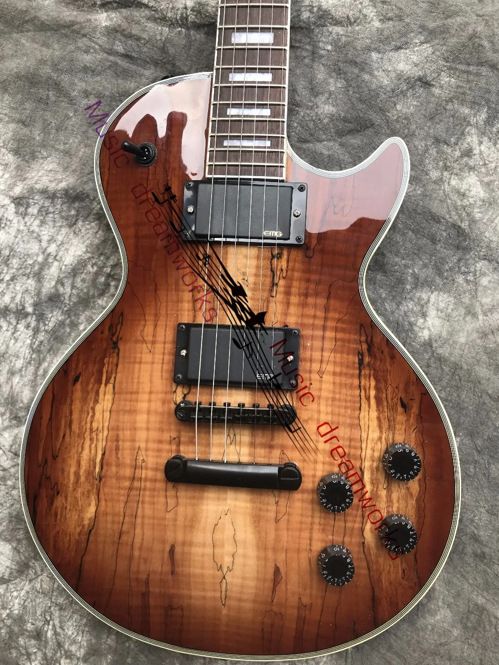 

China OEM firehawk shop guitar Hot selling G LP Electric Guitar spalted maple Black metal accessories, free shipping