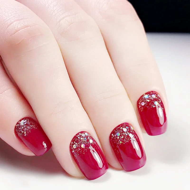 24 шт блестящая пудра дизайн поддельные ногти яркие красные Короткие квадратные искусственные накладные ногти с клеем, стикер для офиса дома