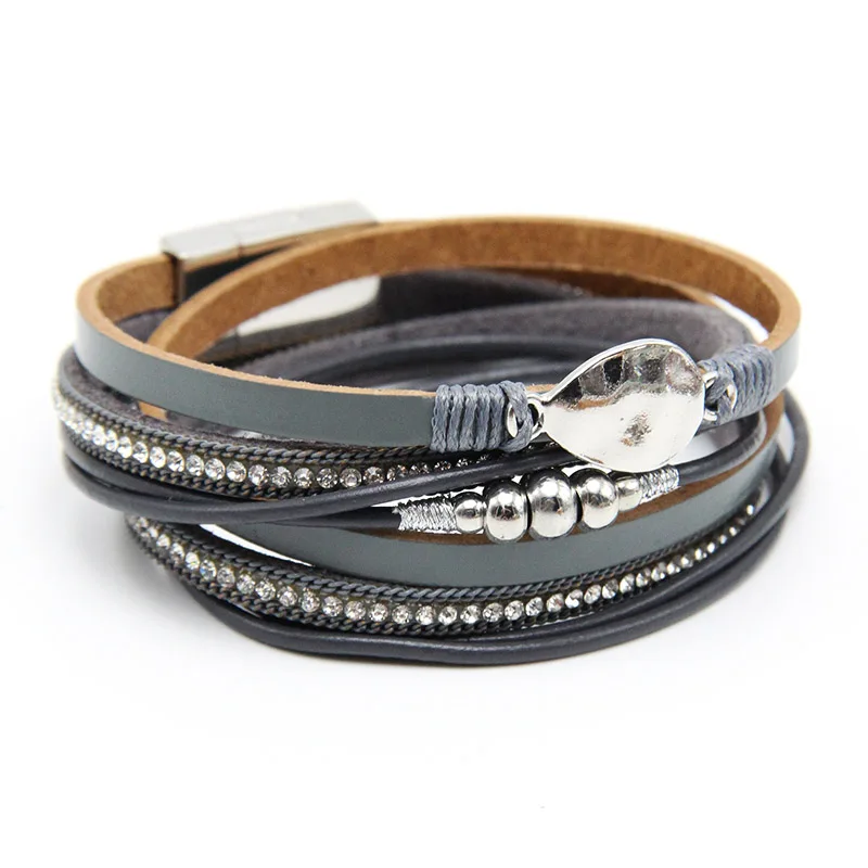 Кожаный браслет для мужчин и женщин, винтажные Многослойные акриловые браслеты-манжеты с искусственным жемчугом, Женские Ювелирные изделия