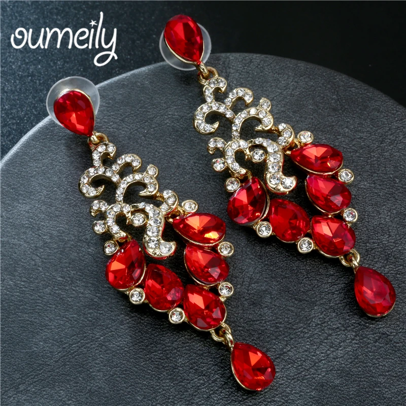 

OUMEILY Elegant Drop Earrings Gold Color Vintage Jewelry Earrings Crystal Red long Ethnic Bohemian Earrings for Women Earing
