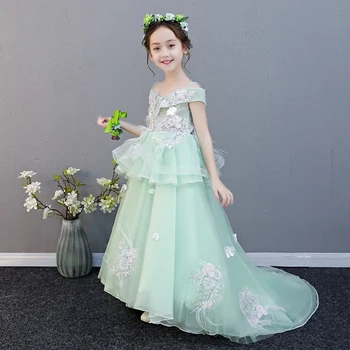 

2018 Summer New Children Girls Fashion Luxury Shoulderless Birthday Wedding Party Long Tail Dress Model Show Teens Piano Dress