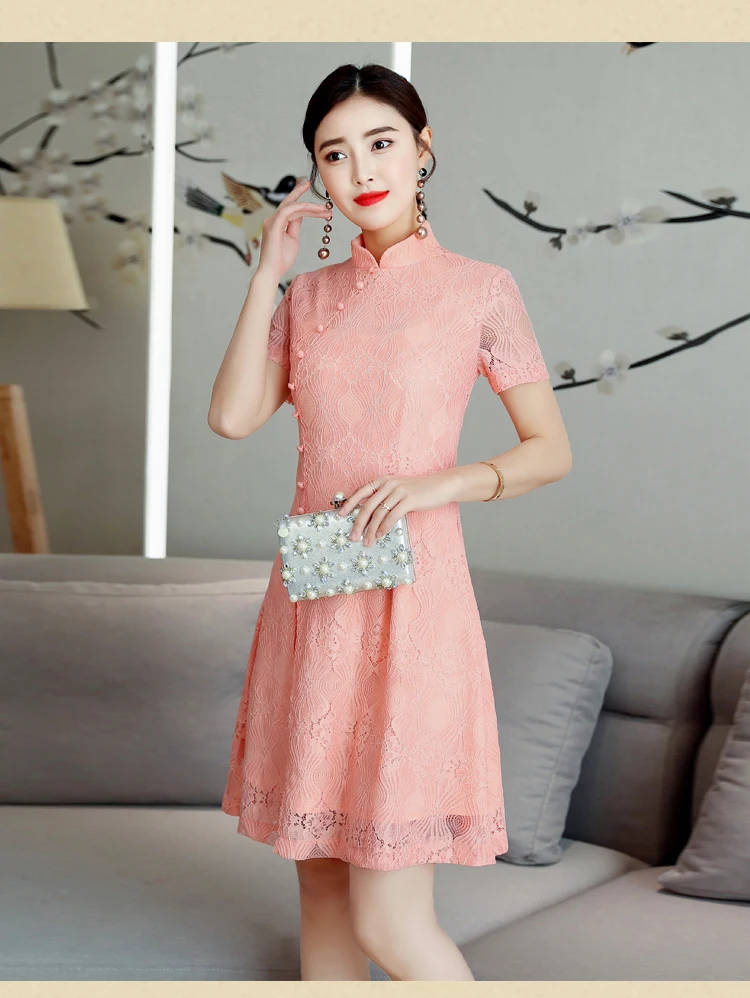 2019 Лето Современная Cheongsam Для женщин короткие кружевные Ципао китайское платье Qi Pao вечерние Винтаж аозай элегантное платье Высокое