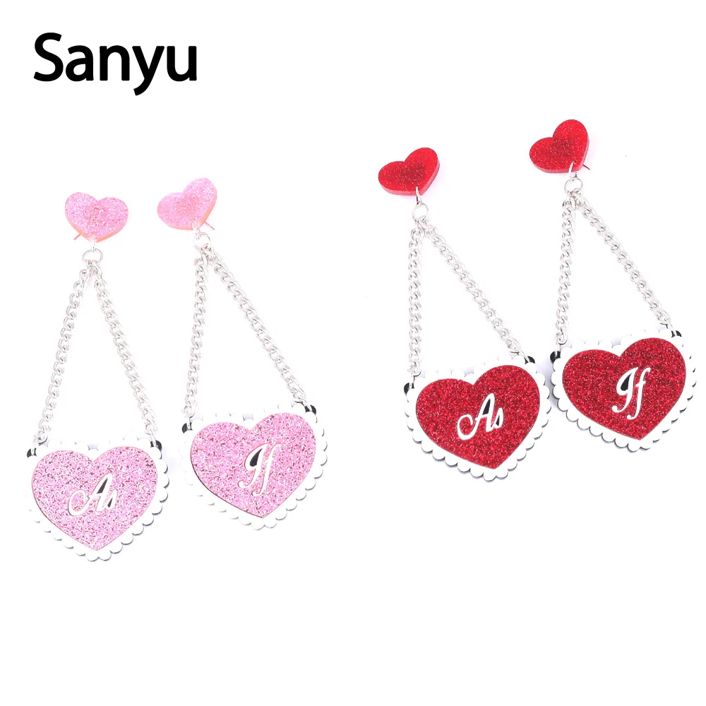 

Exaggerated Big Pink Wine Red Peach Heart Drop Earrings Tassel Big Silver Chain Giitter Powder Dangle Earrings Fashion Brincos