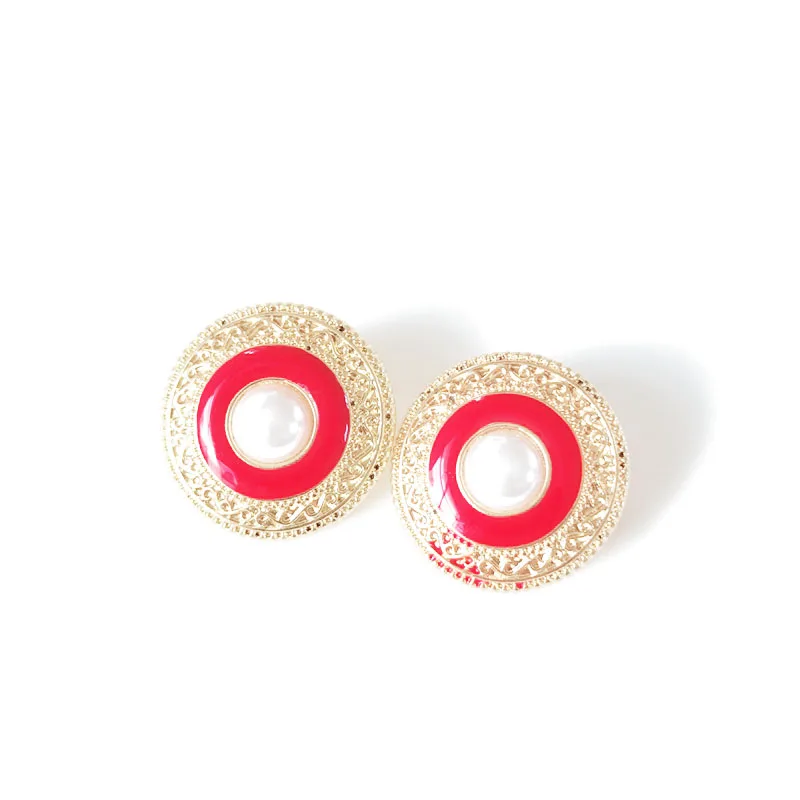 

Free Shipping Round Alloy Red Enamel Pearl Party Stud Earring