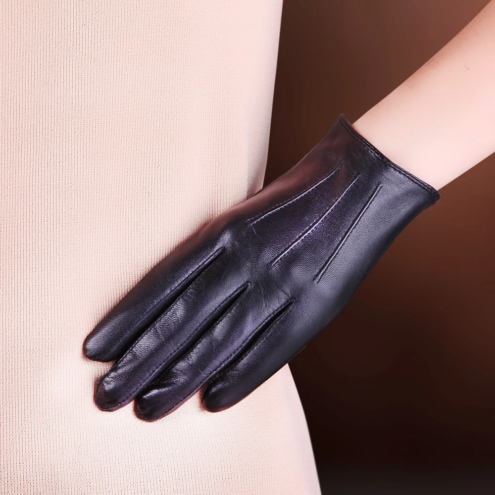 Touchscreen Genuine Leather Gloves Female Thin Style Plus Velvet Keep Warm Driving Short Style Thicken Sheepskin Gloves  FL001